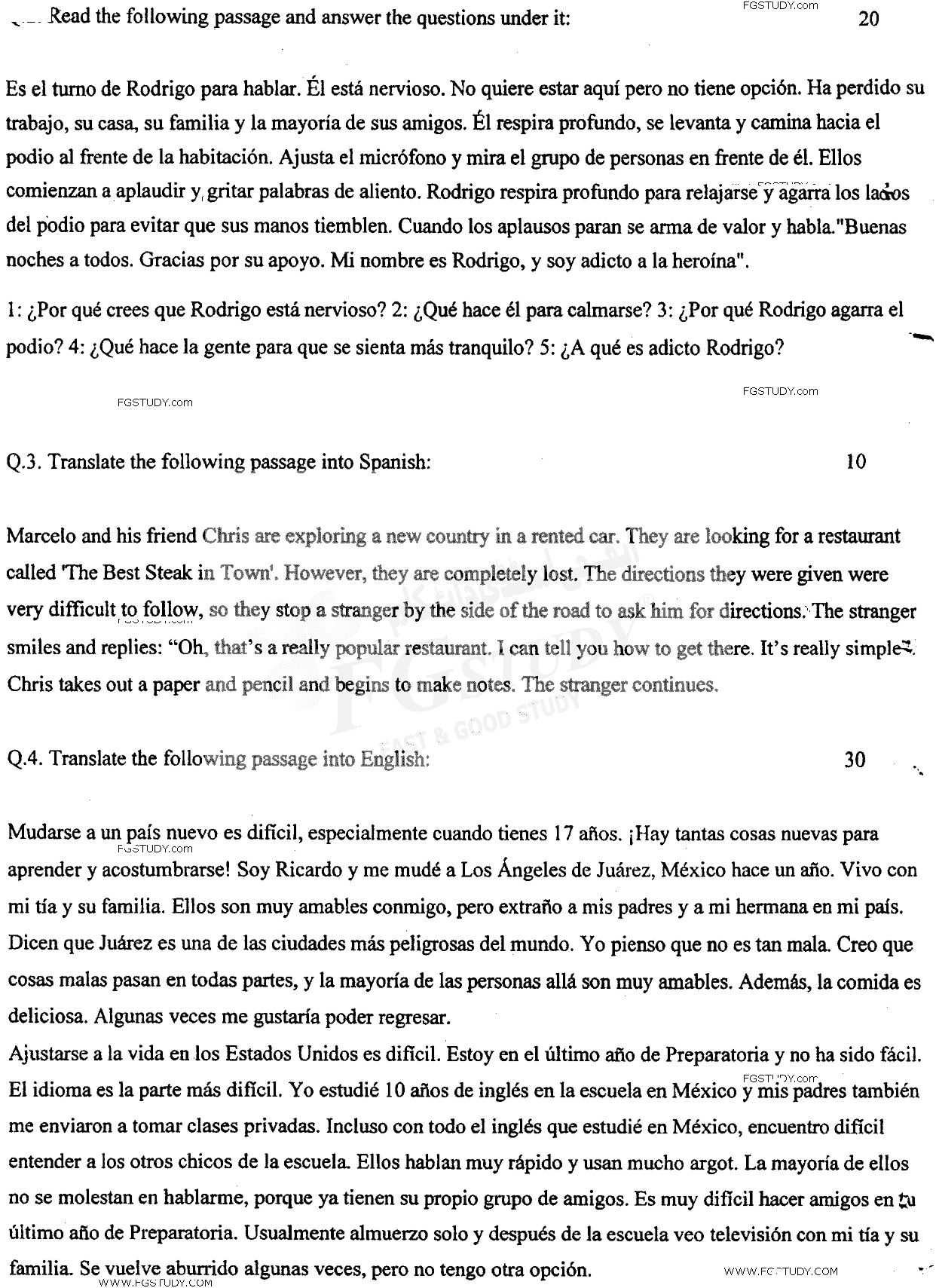 BA Part 1 Spanish Past Paper 2017 Punjab University