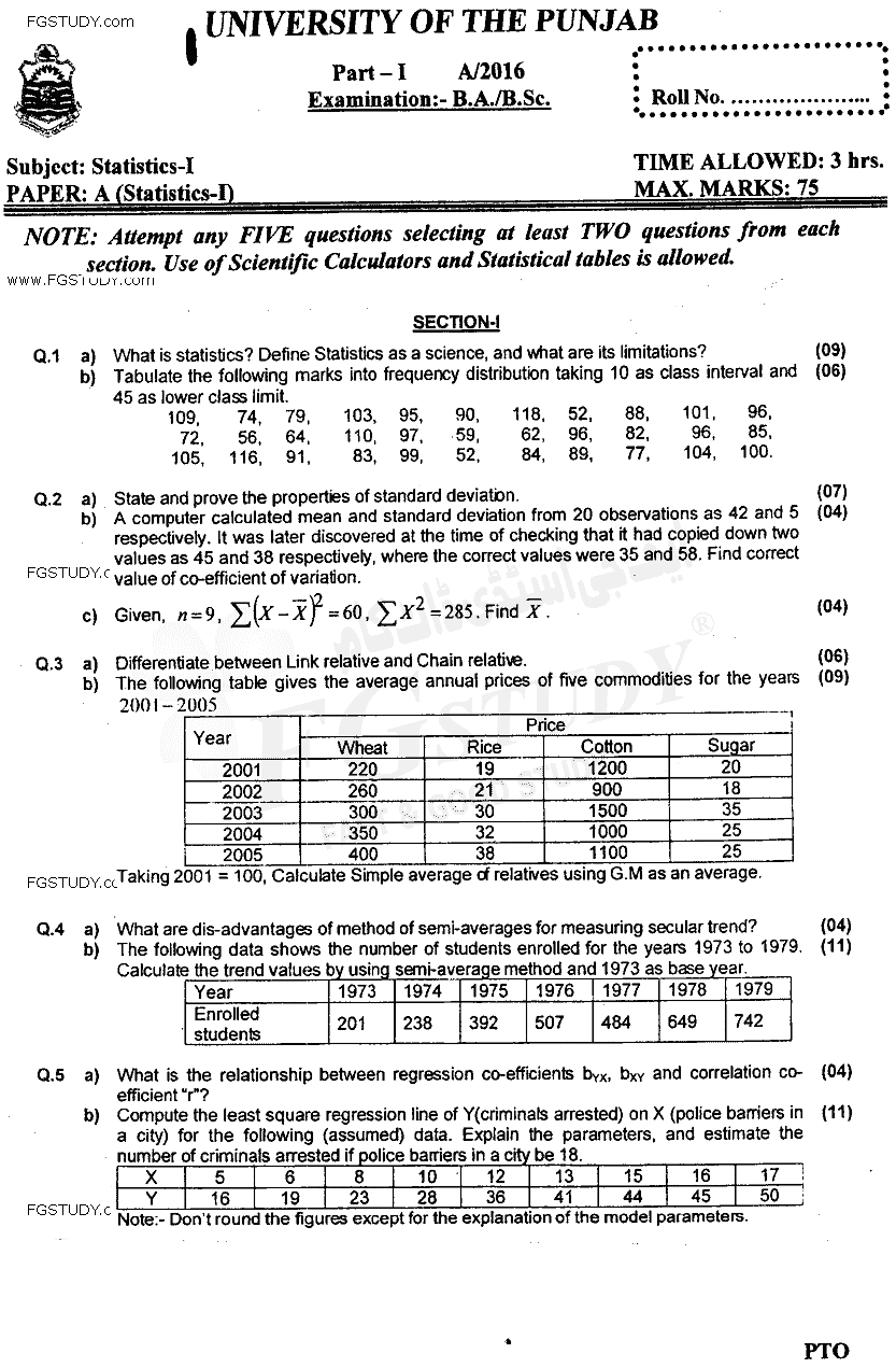 BA Part 1 Statistics Past Paper 2016 Punjab University