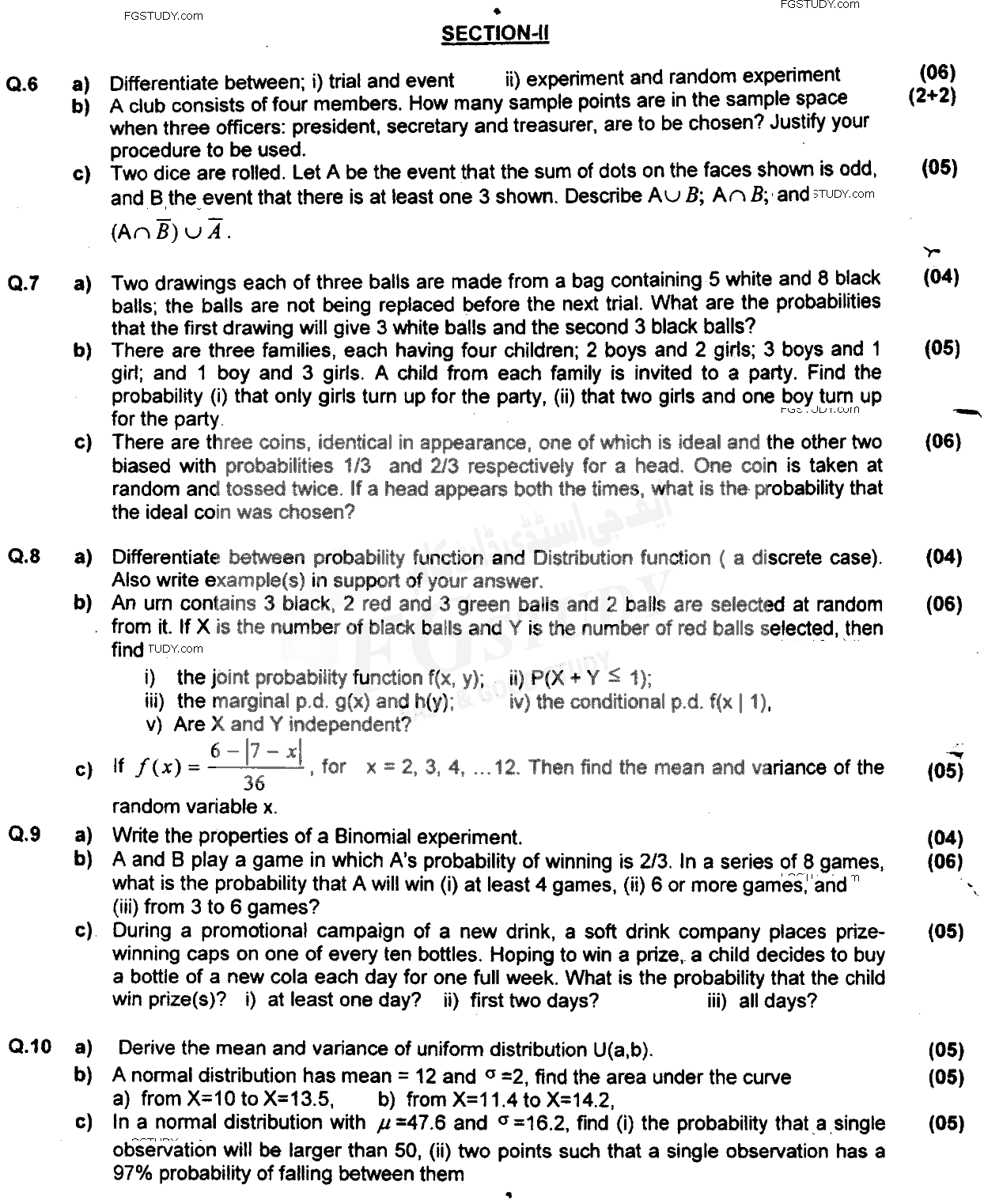 BA Part 1 Statistics Past Paper 2017 Punjab University