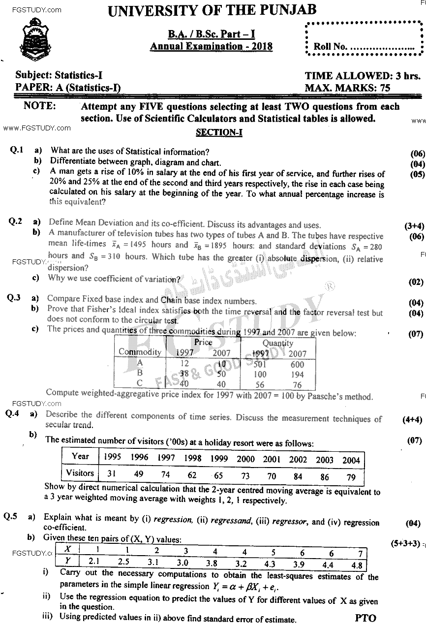 BA Part 1 Statistics Past Paper 2018 Punjab University