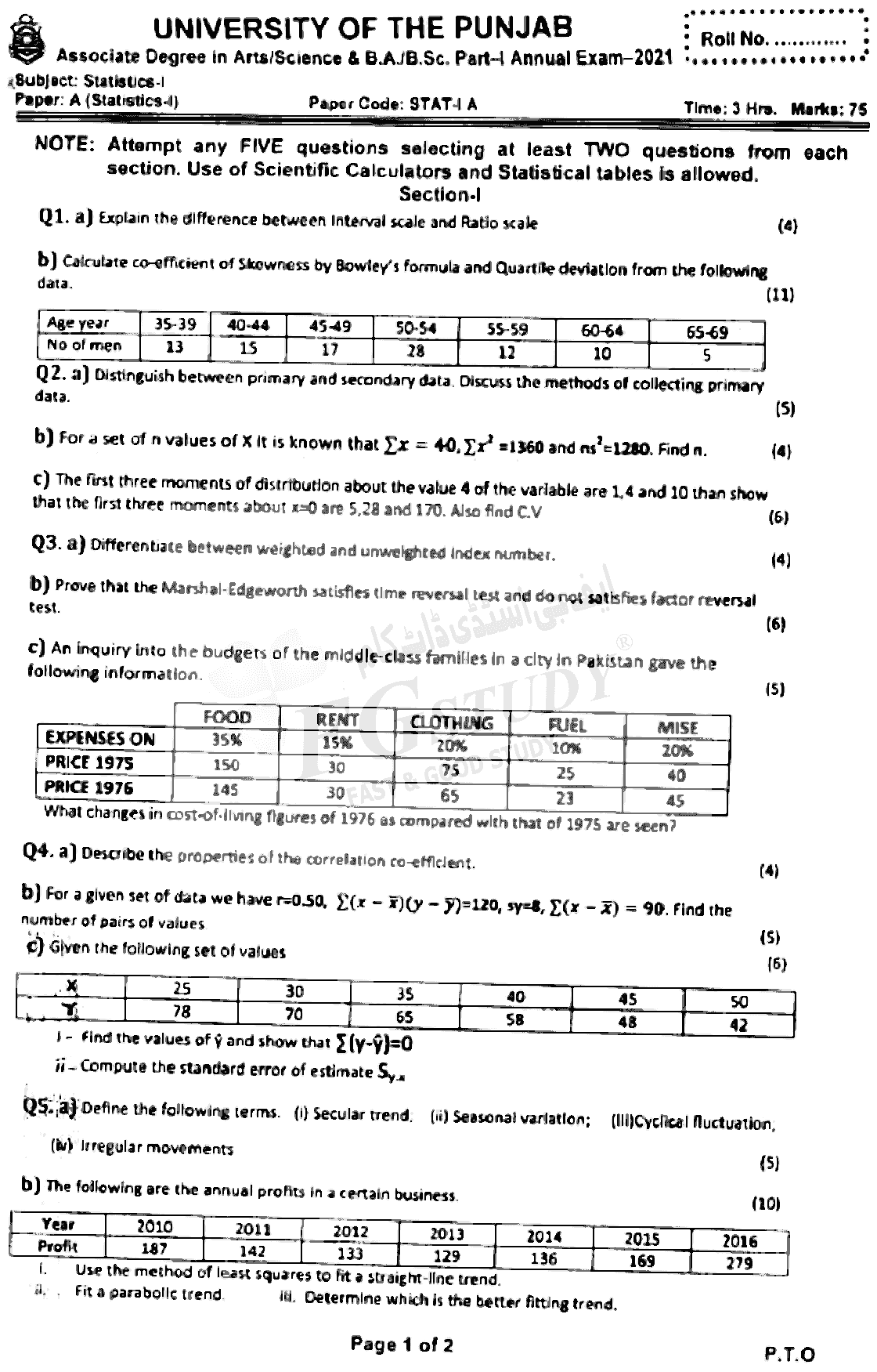 BA Part 1 Statistics Past Paper 2021 Punjab University Subjective