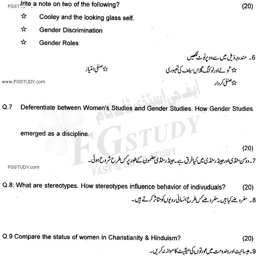 BA Part 1 Womens Studies Past Paper 2016 Punjab University