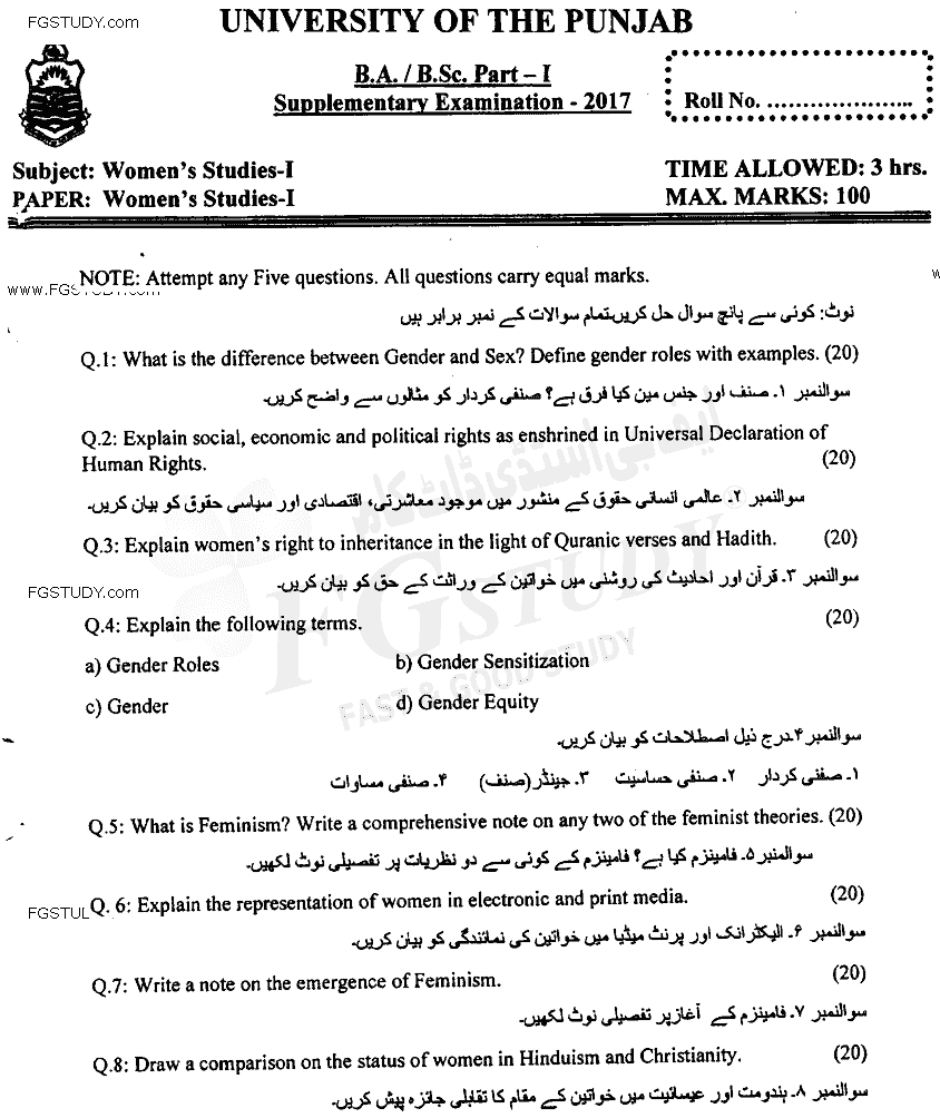 BA Part 1 Womens Studies Past Paper 2017 Punjab University