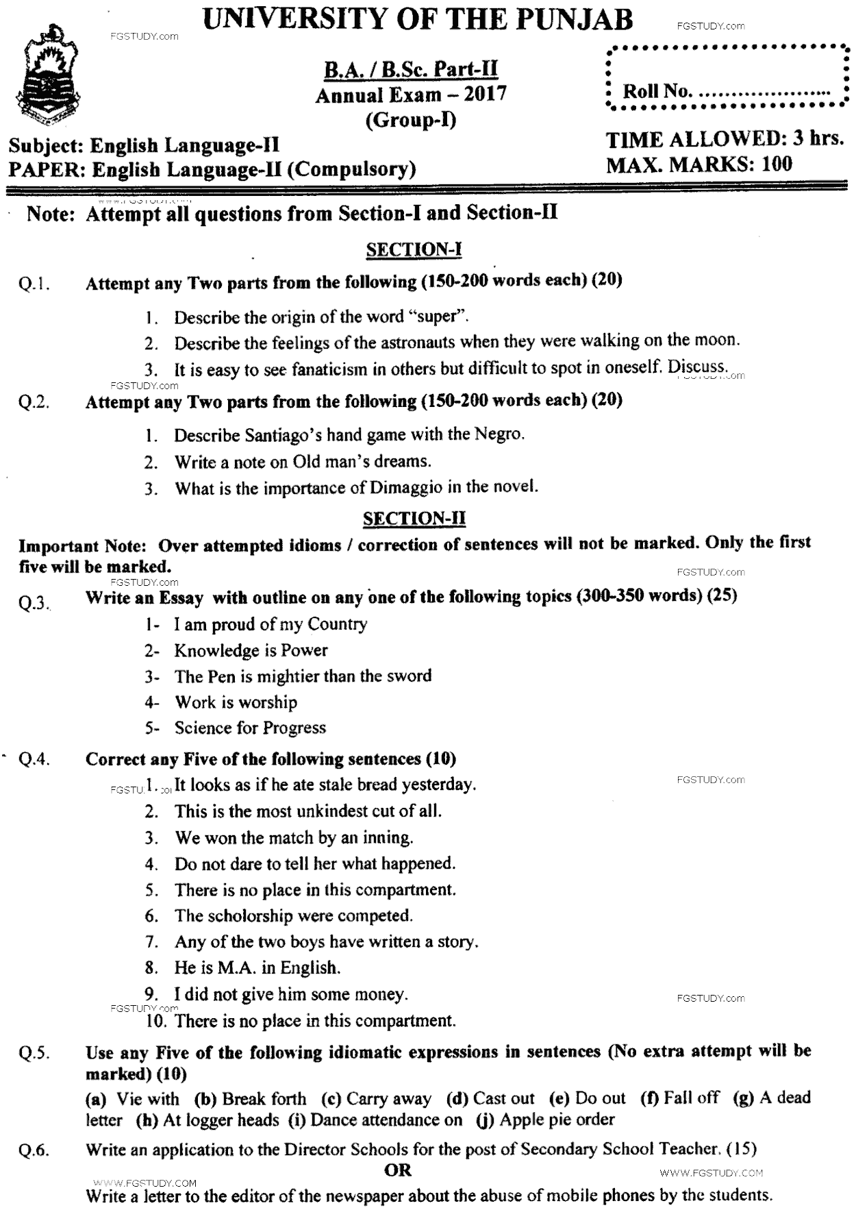 BA Part 2 English Language 2 Past Paper 2017 Punjab University Group 1