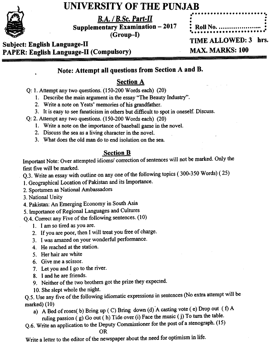 BA Part 2 English Language 2 Past Paper 2017 Punjab University Group 1
