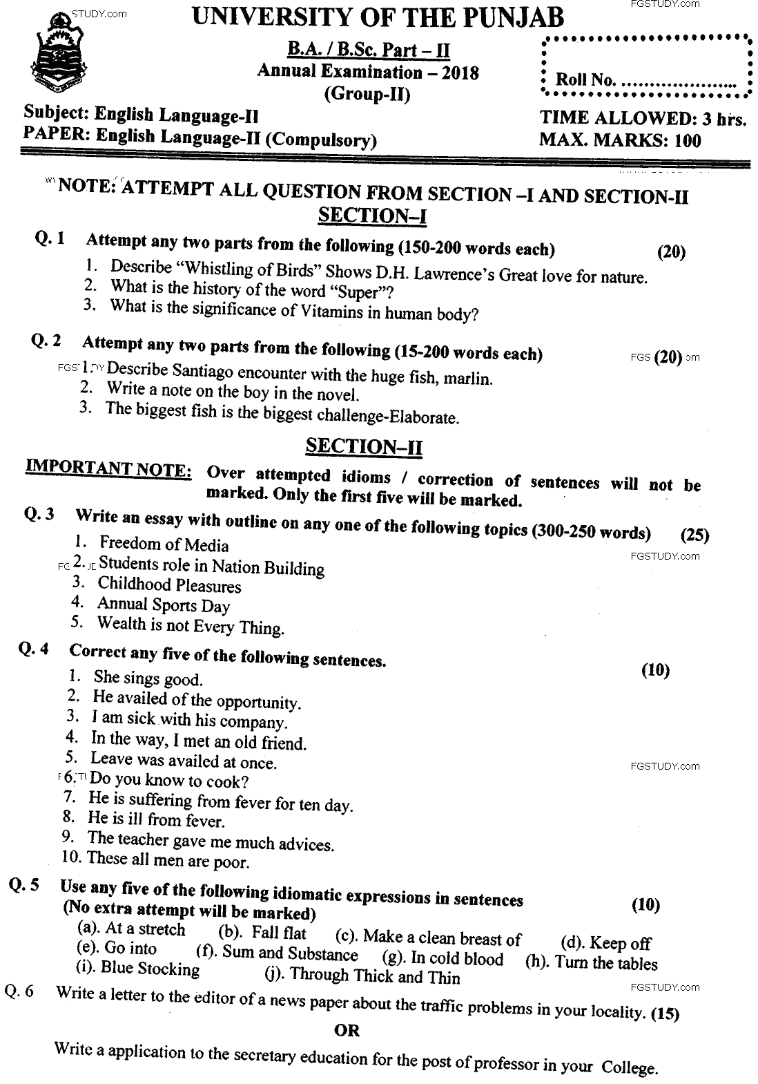 BA Part 2 English Language 2 Past Paper 2018 Punjab University Group 2