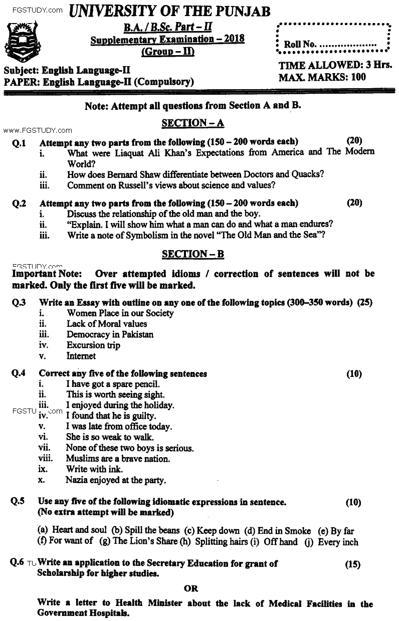 BA Part 2 English Language 2 Past Paper 2018 Punjab University Group 2