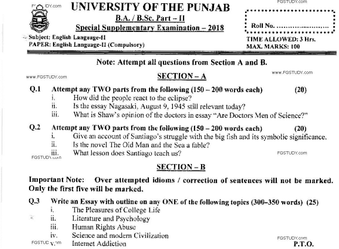 BA Part 2 English Language 2 Past Paper 2018 Punjab University