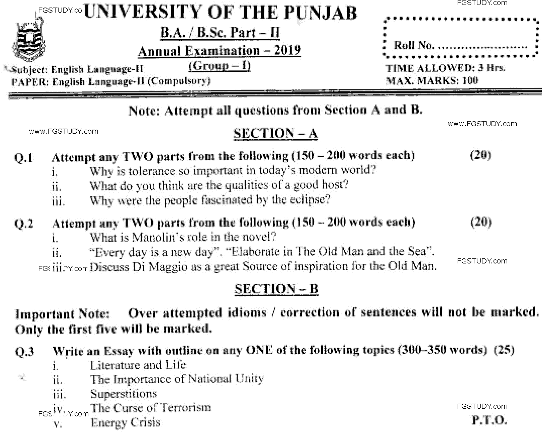BA Part 2 English Language 2 Past Paper 2019 Punjab University Group 1