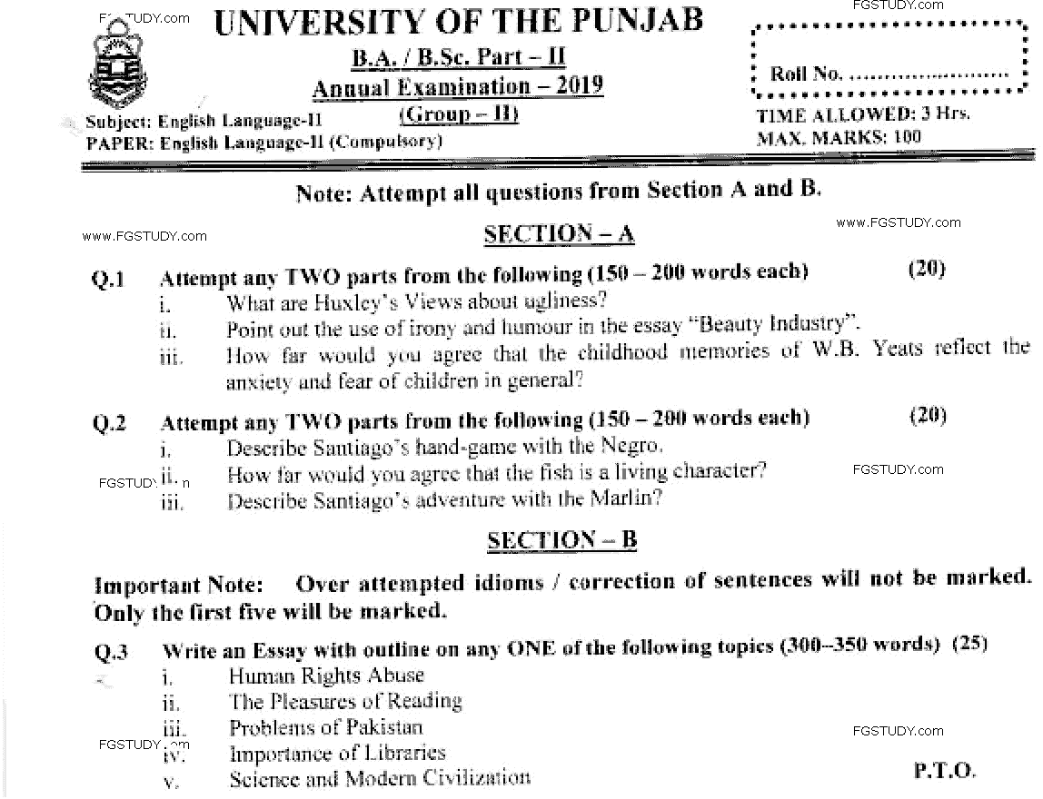 BA Part 2 English Language 2 Past Paper 2019 Punjab University Group 2