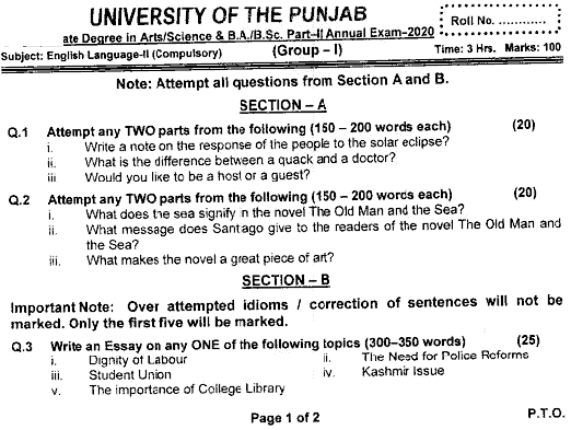 BA Part 2 English Language 2 Past Paper 2020 Punjab University Group 1