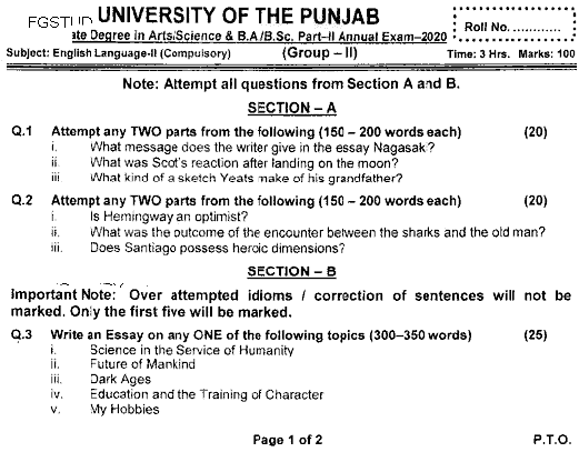 BA Part 2 English Language 2 Past Paper 2020 Punjab University Group 2