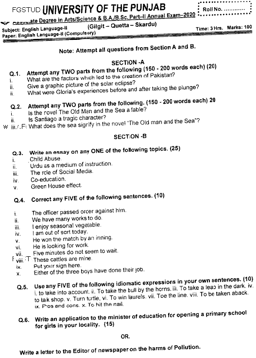 BA Part 2 English Language 2 Past Paper 2020 Punjab University