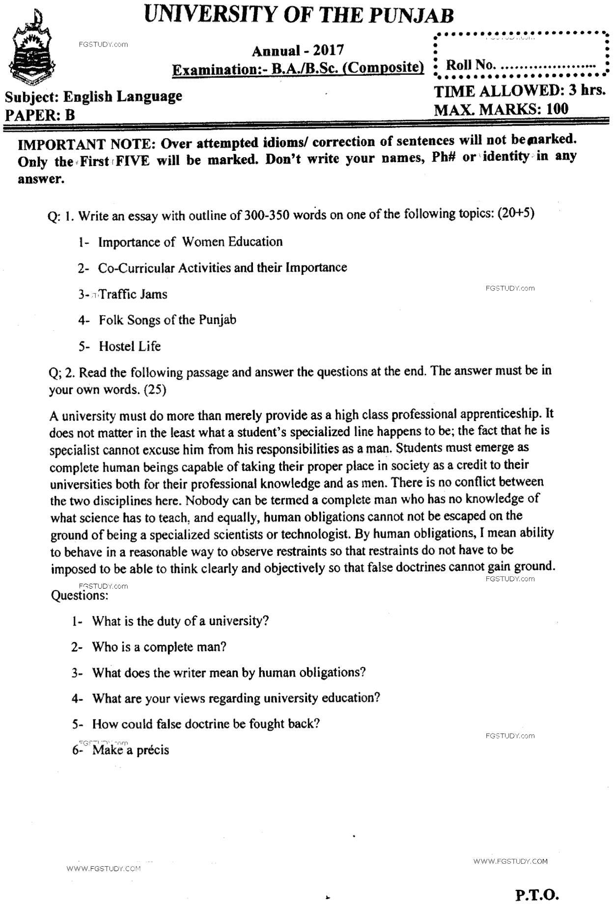 BA Part 2 English Language Past Paper 2017 Punjab University