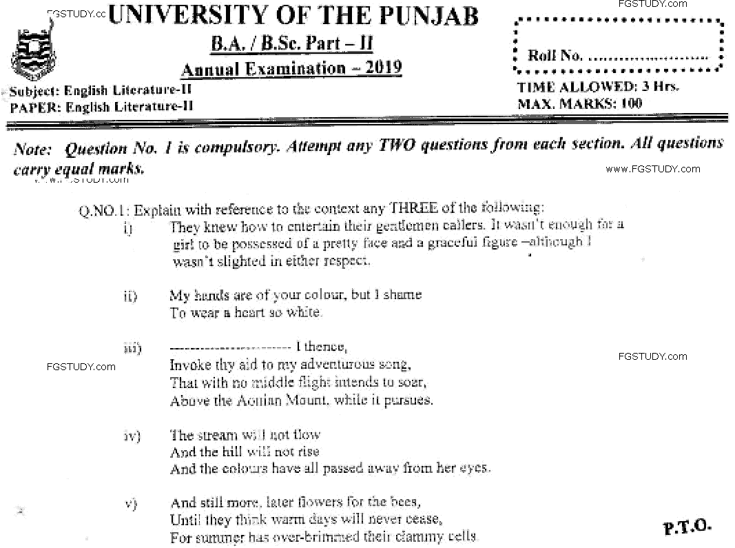 BA Part 2 English Literature 2 Past Paper 2019 Punjab University