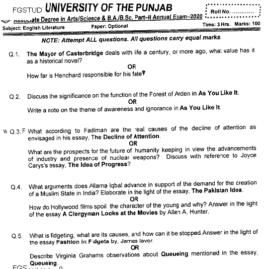 BA Part 2 English Literature Optional Past Paper 2020 Punjab University