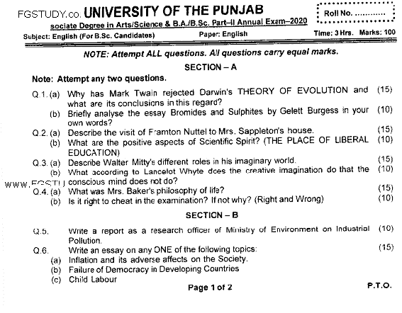 BA Part 2 English Past Paper 2020 Punjab University