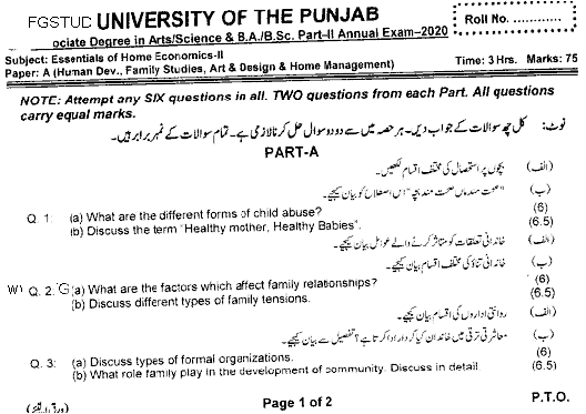 BA Part 2 Essentials Of Home Economics 2 Human Development And Family Studies Art And Design And Home Management Past Paper 2020 Punjab University