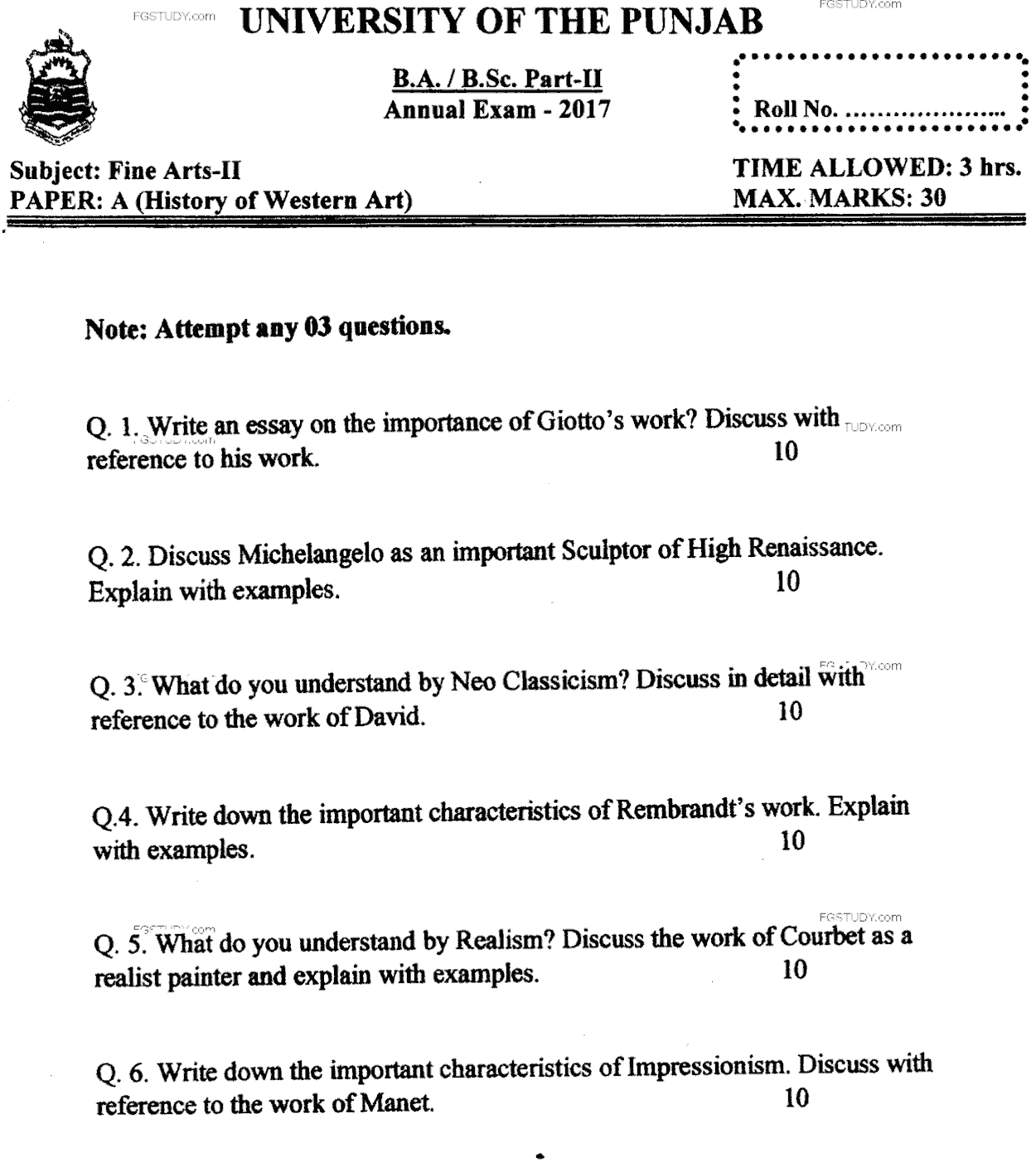 BA Part 2 Fine Arts 2 History Of Western Art Past Paper 2017 Punjab University
