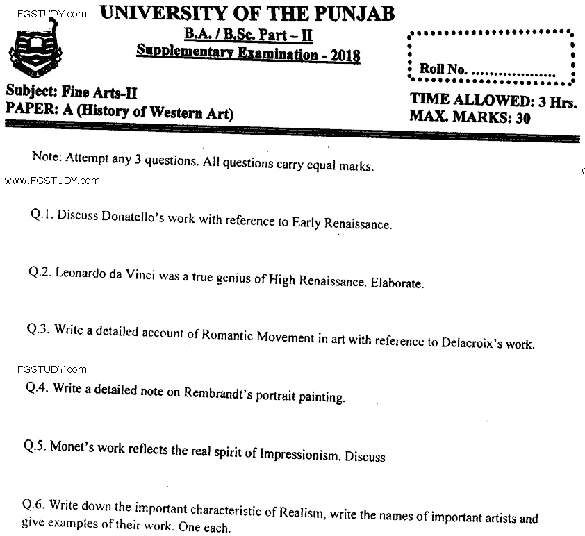 BA Part 2 Fine Arts 2 History Of Western Art Past Paper 2018 Punjab University