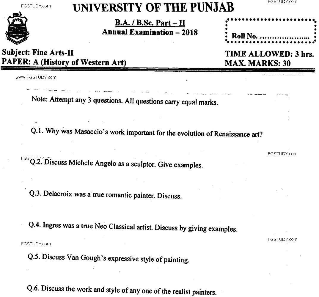 BA Part 2 Fine Arts 2 History Of Western Art Past Paper 2018 Punjab University