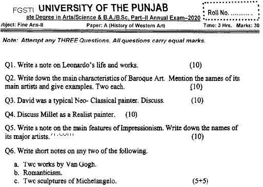 BA Part 2 Fine Arts 2 History Of Western Art Past Paper 2020 Punjab University