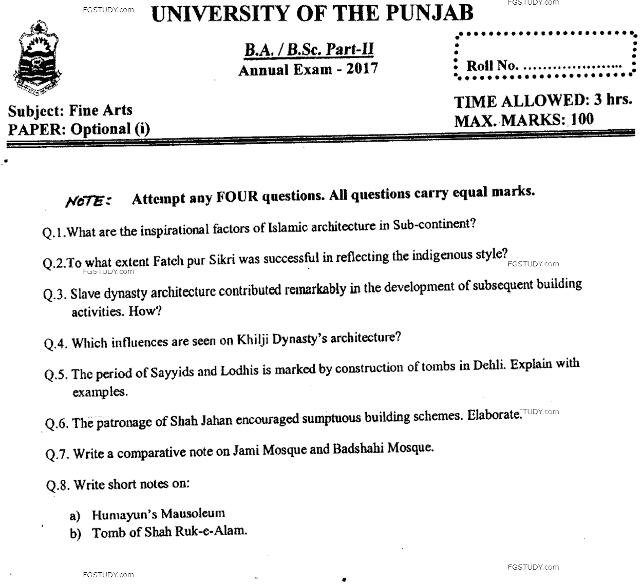 BA Part 2 Fine Arts Optional Past Paper 2017 Punjab University