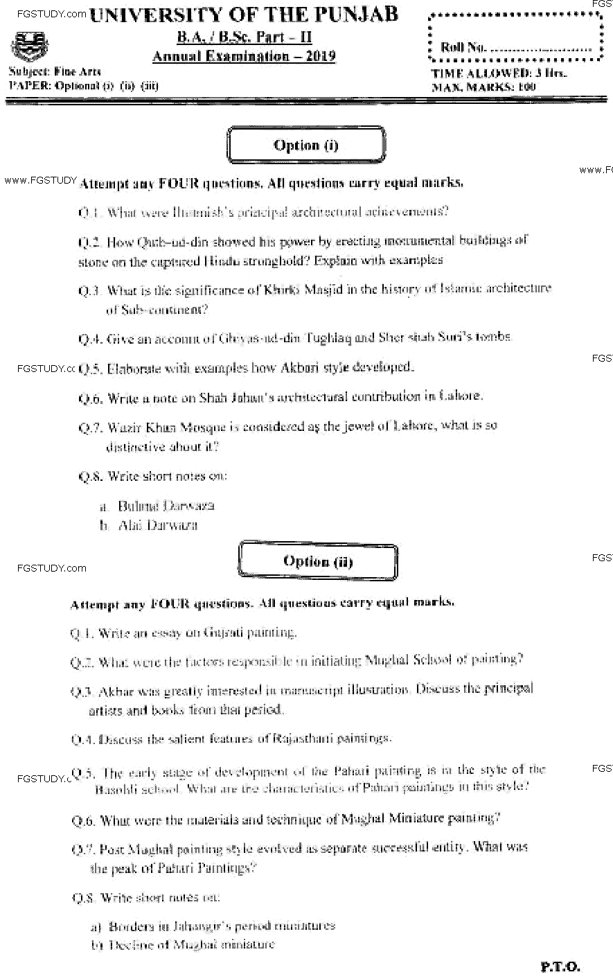 BA Part 2 Fine Arts Optional Past Paper 2019 Punjab University