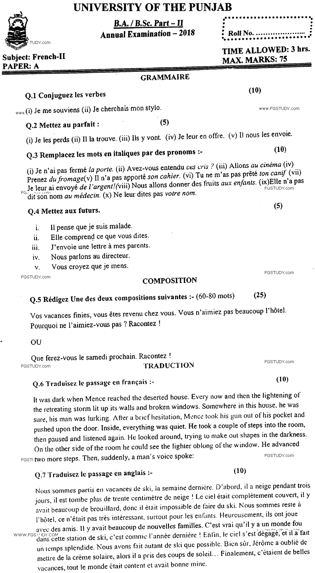 BA Part 2 French 2 Past Paper 2018 Punjab University