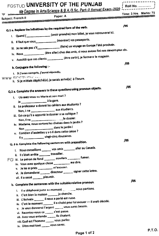 BA Part 2 French 2 Past Paper 2020 Punjab University