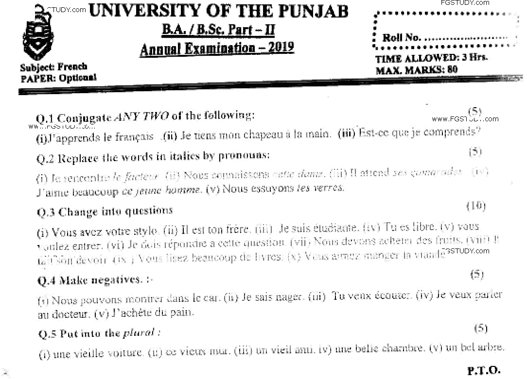 BA Part 2 French Optional Past Paper 2019 Punjab University