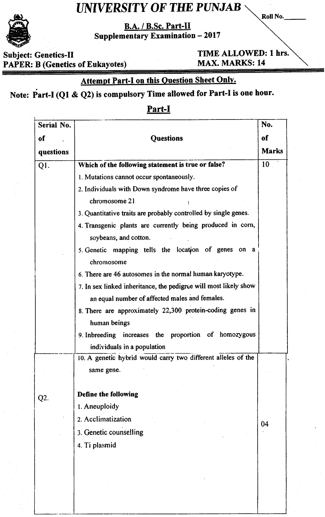 BA Part 2 Genetics 2 Genetics Of Eukaryotes Past Paper 2017 Punjab University