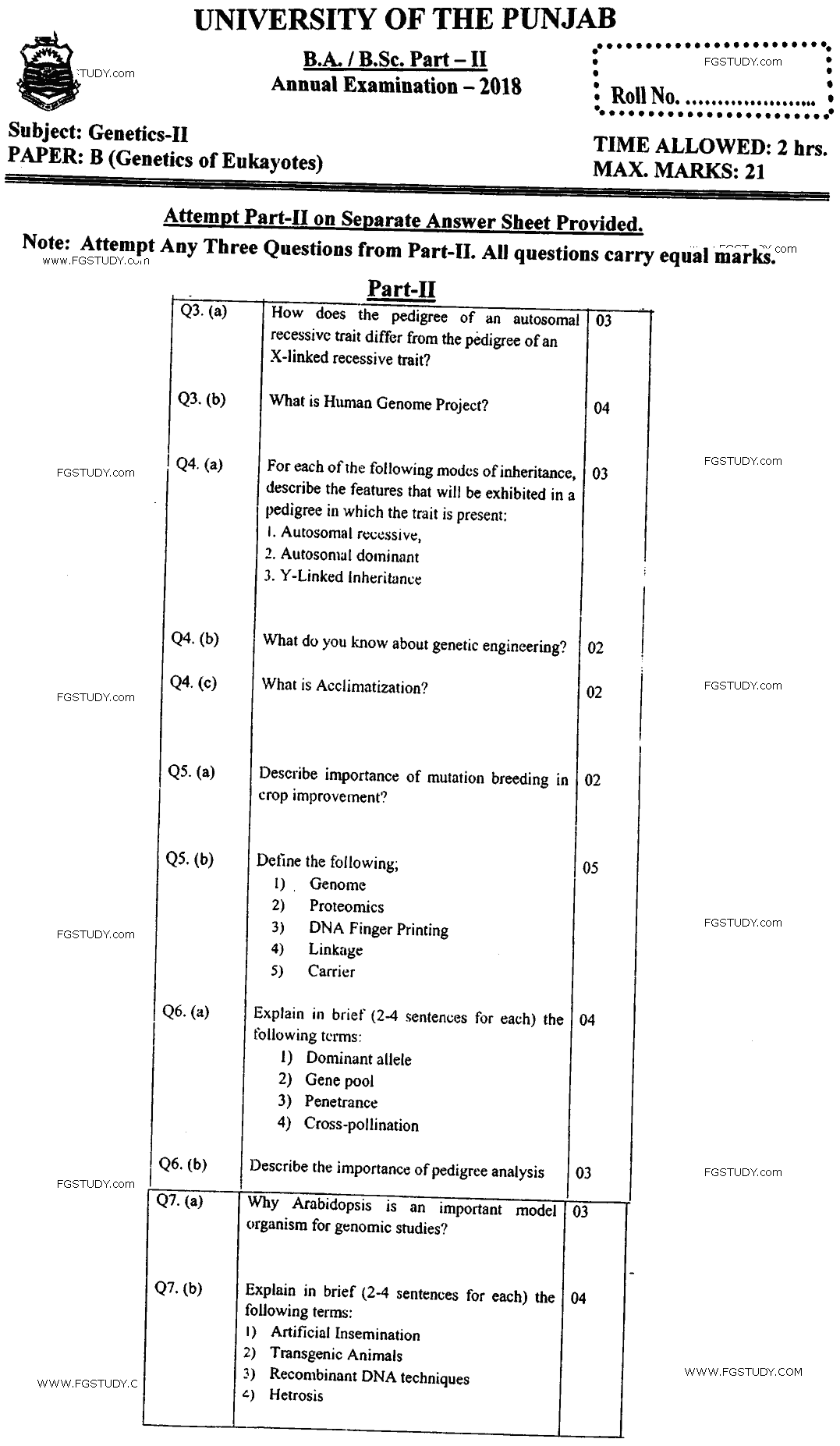 BA Part 2 Genetics 2 Genetics Of Eukaryotes Past Paper 2018 Punjab University Subjective