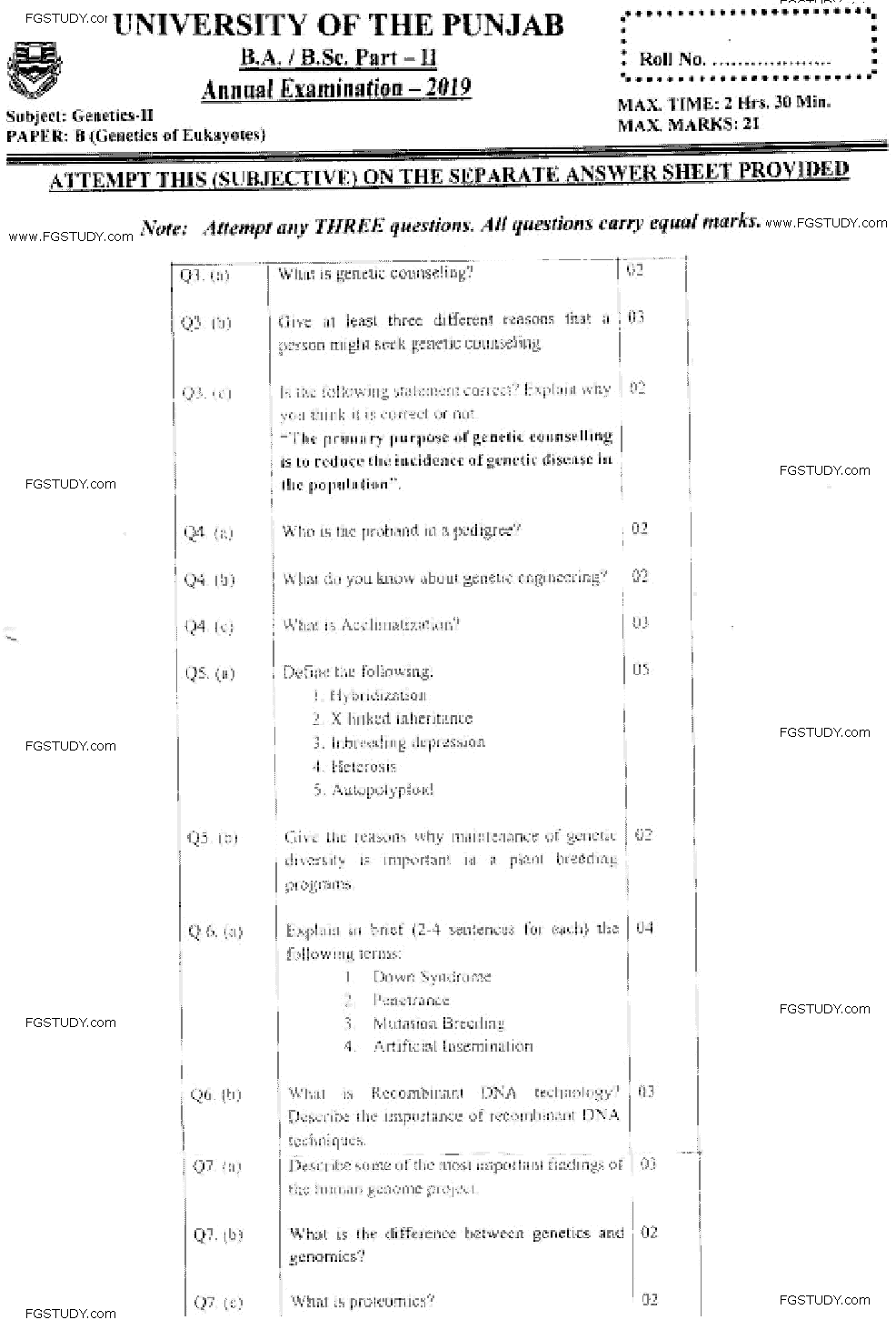 BA Part 2 Genetics 2 Genetics Of Eukaryotes Past Paper 2019 Punjab University Subjective