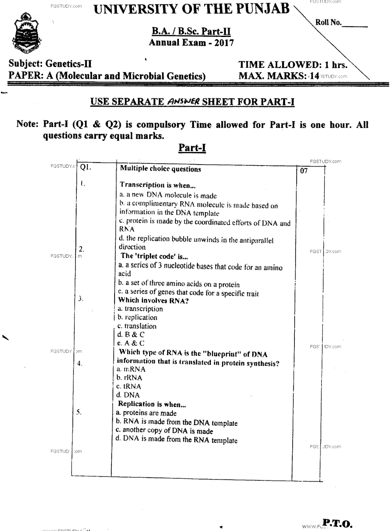 BA Part 2 Genetics 2 Molecular And Microbial Genetics Past Paper 2017 Punjab University Objective