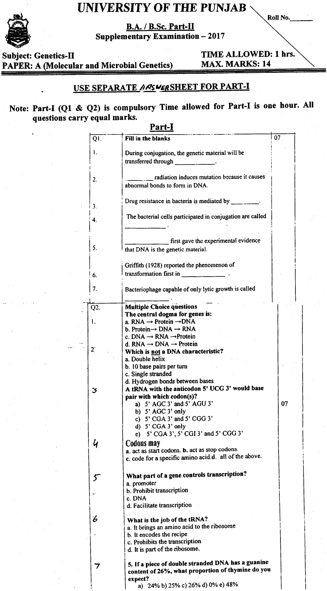BA Part 2 Genetics 2 Molecular And Microbial Genetics Past Paper 2017 Punjab University Objective