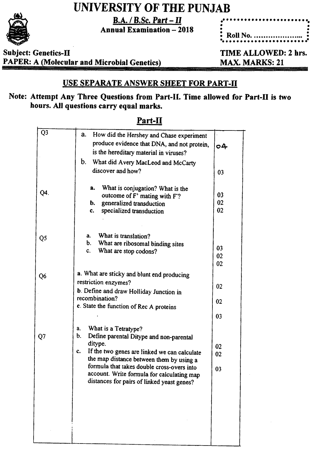 BA Part 2 Genetics 2 Molecular And Microbial Genetics Past Paper 2018 Punjab University Subjective
