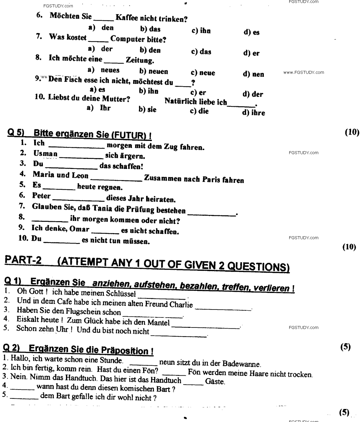 BA Part 2 German 2 Past Paper 2017 Punjab University Objective