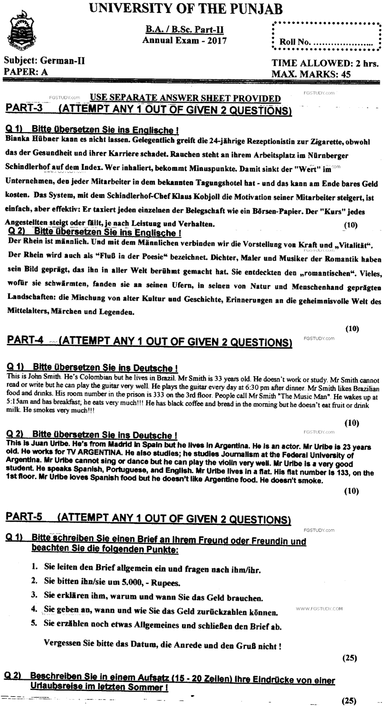BA Part 2 German 2 Past Paper 2017 Punjab University Subjective