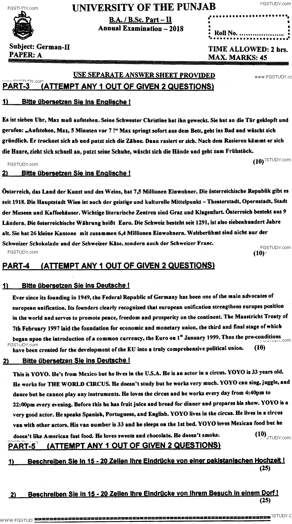 BA Part 2 German 2 Past Paper 2018 Punjab University Subjective