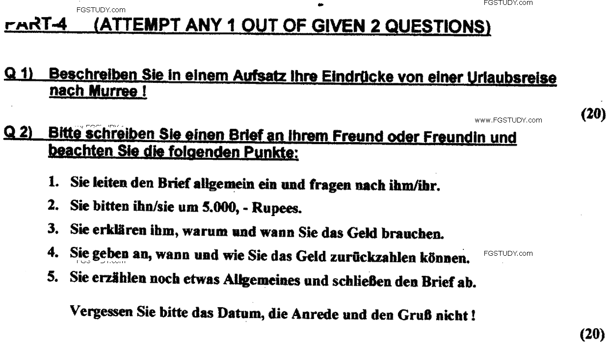 BA Part 2 German Optional Past Paper 2017 Punjab University Subjective