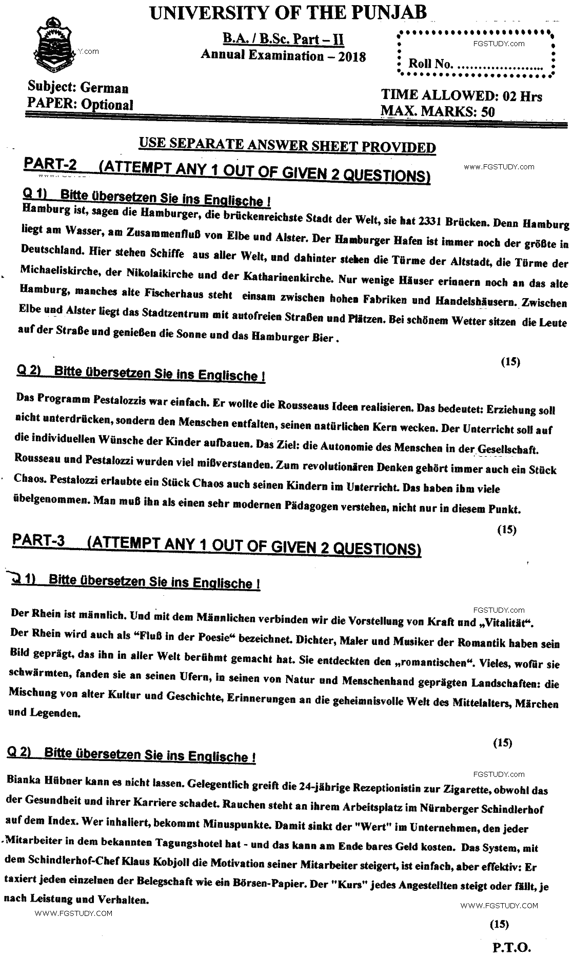 BA Part 2 German Optional Past Paper 2018 Punjab University Subjective