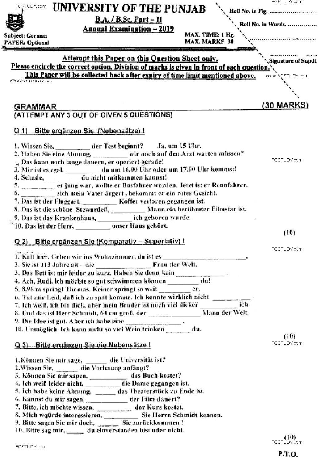 BA Part 2 German Optional Past Paper 2019 Punjab University