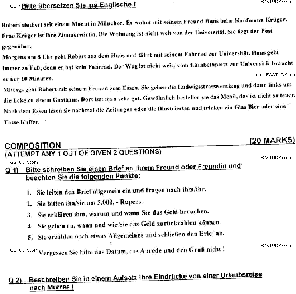 BA Part 2 German Optional Past Paper 2019 Punjab University Subjective