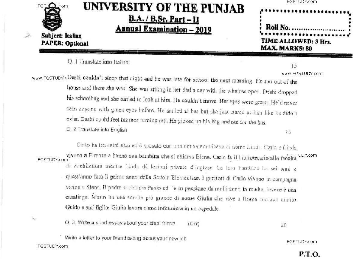BA Part 2 Italian Optional Past Paper 2019 Punjab University