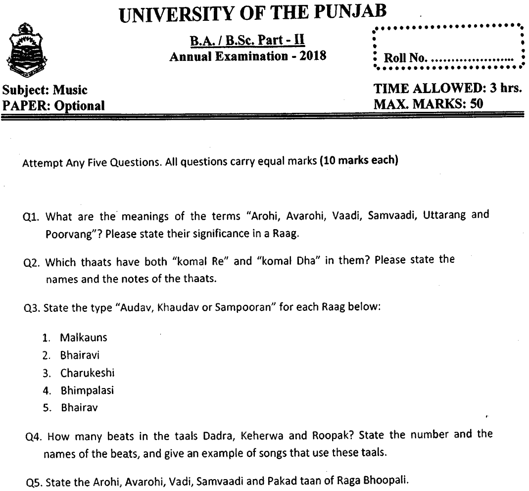 BA Part 2 Music Optional Past Paper 2018 Punjab University