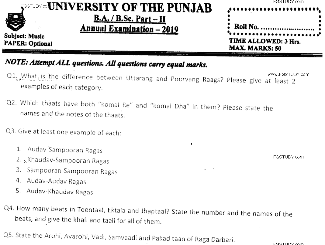 BA Part 2 Music Optional Past Paper 2019 Punjab University