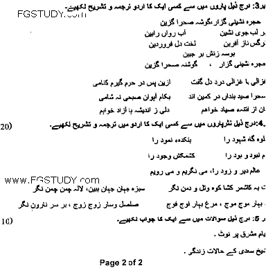 BA Part 2 Persian Optional Past Paper 2020 Punjab University Group 2