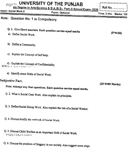 BA Part 2 Social Work 2 Optional Past Paper 2020 Punjab University