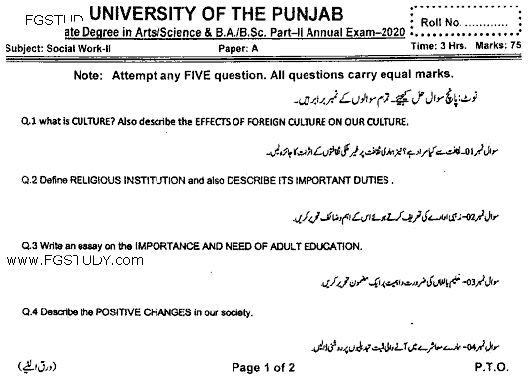 BA Part 2 Social Work 2 Past Paper 2020 Punjab University